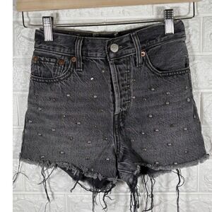 Levis Wedgie Fit Denim‎ Shorts Black Gray Studded Frayed Hem Women's Size 25